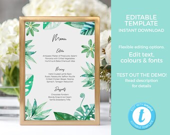 Tropical menu EDITABLE TEMPLATE, Wedding menu PRINTABLE, Greenery menu card placecard engagement menu, bridal shower hen party bachelorette