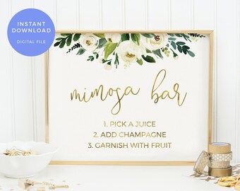 Greenery Mimosa bar sign PRINTABLE. Gold bachelorette party sign INSTANT DOWNLOAD. Blue floral Bridal shower sign Hens sign pdf jpeg