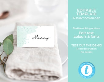 Seafoam Place cards EDITABLE Template, Turquoise Bridal shower name cards, Printable Food Labels, Food tent Favor tag, Wedding Party label