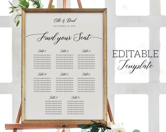 Minimal Table Seating Chart Wedding, Elegant Editable seating plan TEMPLATE, Script Wedding seating sign PRINTABLE, Bridal Shower Hen party