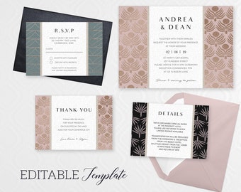 Gatsby Wedding Invitation Template, EDITABLE Glam Engagement invitation Suite, Classy Wedding stationery set Wedding invite detail RSVP card