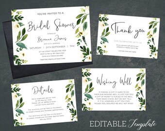 Greenery Bridal Shower Invitation suite TEMPLATE, leaf bridal shower invite EDITABLE, Garden invitation set PRINTABLE thank you wishing well