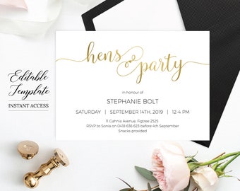 EDITABLE Hen Invitation TEMPLATE download, Hen party Invites PRINTABLE, Gold elegant Hen party invitation printable faux foil calligraphy