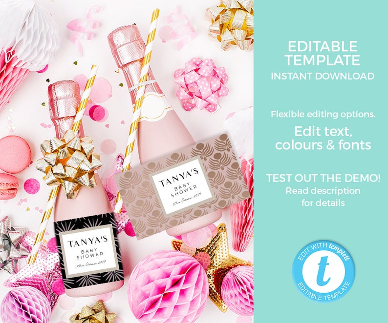 Glam Water Bottle Label TEMPLATE, Gatsby Engagement Label EDITABLE ...