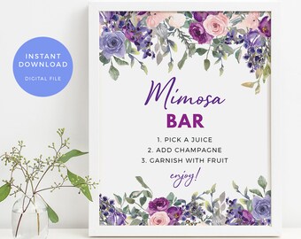 Violet Mimosa bar sign PRINTABLE. Pink purple bachelorette party sign INSTANT DOWNLOAD. Floral Bridal shower sign Hens sign pdf jpeg