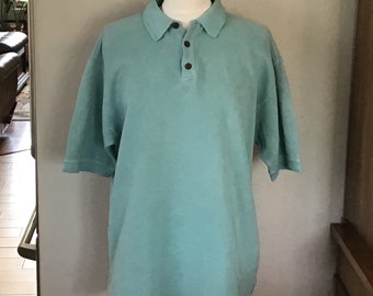 Medium Tommy Bahama Hawaiian Aloha Polo Shirt in Turquoise Cotton and Silk