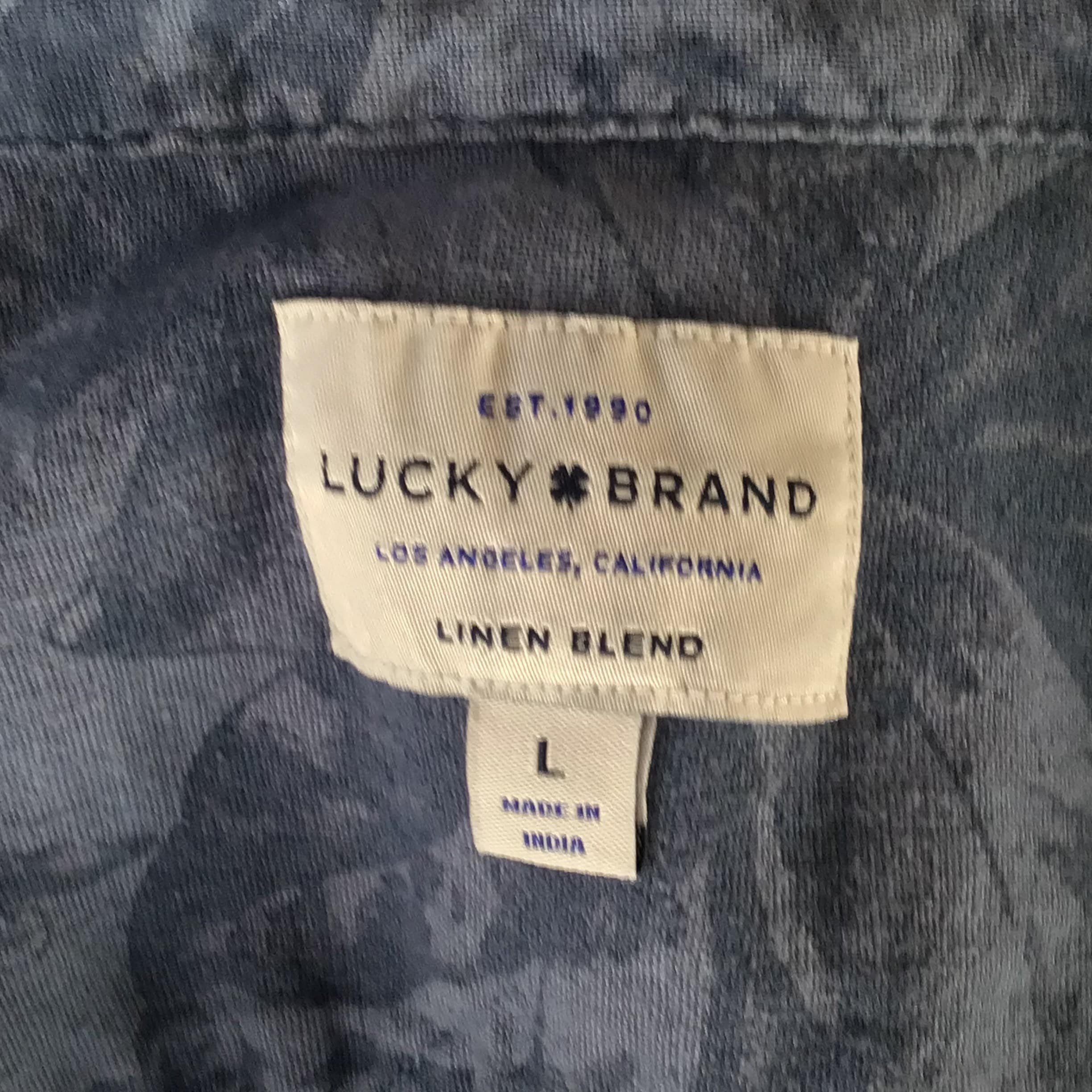 Large Linen Blend Lucky Brand Hawaiian Aloha Shirt With Blue and