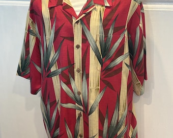 XL Silk Tommy Bahama Hawaiian Aloha Shirt with a red background with Green and Beige and Green Bamboo Print