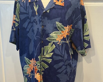 XL Silk Tommy Bahama Hawaiian Aloha Shirt with Navy Background and Orange Flowers and Green Leaves
