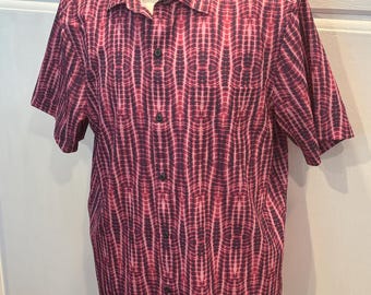 Medium Recycled Polyester Tommy Bahama Hawaiian Aloha Shirt with a maroon and Pink Print