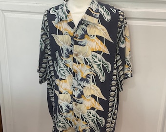 XL Rayon Marinblå Tommy Bahama Hawaiian Aloha-skjorta med gula och gröna handflator