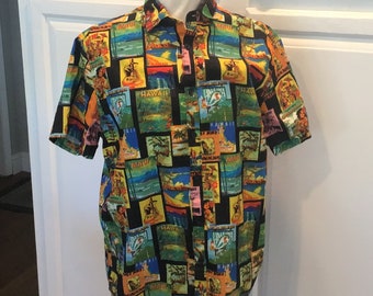 Large Denim and Flower Hawaiian Cotton Aloha Shirt with a black background and green, orange, yellow, and blue postcard overlays.