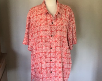 XXL Tommy Bahama Silk Hawaiian Aloha Shirt in a geometric red floral print