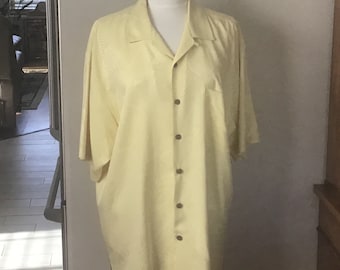 Large Tommy Bahama Solid Yellow Embossed Silk Hawaiian Aloha Shirt