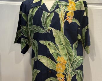 Large Silk Tommy Bahama Hawaiian Aloha Shirt with Navy Background with Green and White Leaves with Yellow Bananas and Orange Flowers