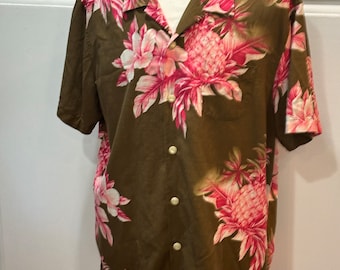 Chemise Tommy Bahama en soie marron XL à fleurs roses