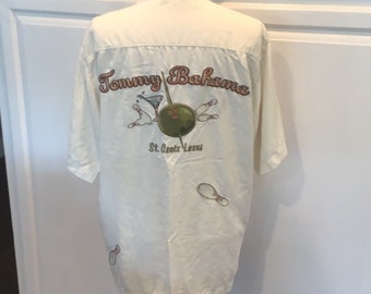 Tommy Bahama Medium Silk Embroidered Bowling Themed Hawaiian Aloha Shirt with a Cream Silk Background