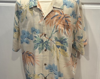 XL Silk Tommy Bahama Cream Colored Hawaiian Aloha Shirt with Peach, Green, and Turquoise Palms