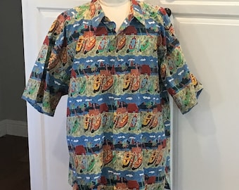 XXXL Kahala Hawaiian all Cotton Aloha Shirt with a Hawaiian Beach Scene in blues, greens, rust, and orange.