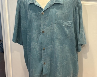 XXXL Silk Tommy Bahama Hawaiian Aloha Shirt with Blue embossed with Lighter Blue Palm Trees