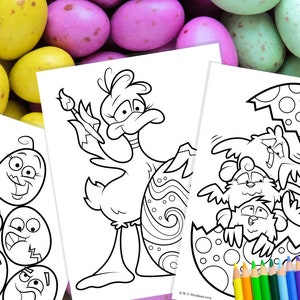 May include: Three black and white coloring pages featuring Easter-themed illustrations. The first page shows a duck holding an egg with a decorative pattern. The second page shows three chicks hatching from an egg. The third page shows a chick with a paintbrush.