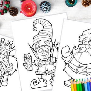 May include: Three black and white Christmas coloring pages featuring a nutcracker, an elf holding a gift, and Santa Claus. Colored pencils are in the bottom right corner, with holiday decorations in the background.