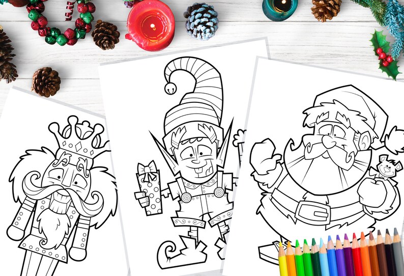 May include: Three black and white Christmas coloring pages featuring a nutcracker, an elf holding a gift, and Santa Claus. Colored pencils are in the bottom right corner, with holiday decorations in the background.