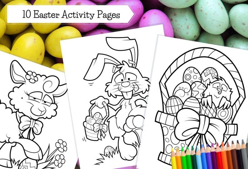 May include: Black and white coloring pages featuring 10 Easter themed illustrations. The illustrations include a bunny holding a basket of eggs, a lamb with a bow, and a cat in a basket of eggs.