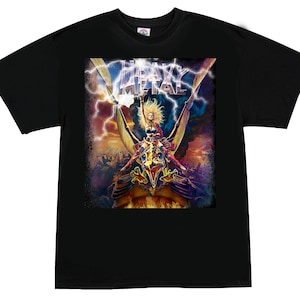 May include: Black t-shirt with a graphic print of a woman riding a winged creature. The graphic includes the text "Heavy Metal".