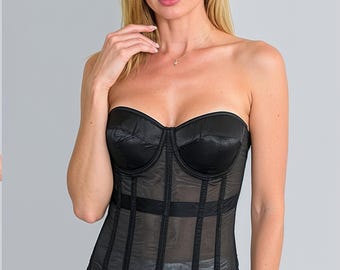 Black Overbust Corset, Lace-Up Back Bustier, Gothic Cosplay Lingerie Top