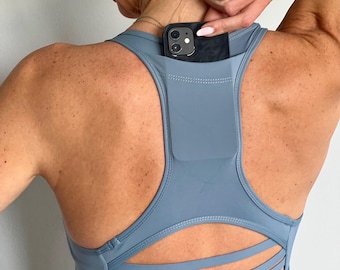 Sports Bra LARGE with pocket on the back. Padded Yoga Top Lake Blue racetrack shape.