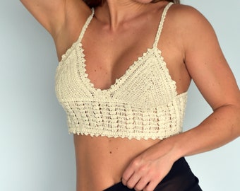 Handmade Crochet Halter Top, Beige Bikini Cover Up, Boho Rave Outfit