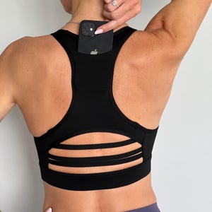 Black Racerback Sports Bra Top: Padded Yoga Bra with Phone Pocket
