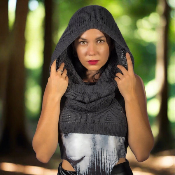 Hooded Crochet Knit Cropped Tank Top Women Festival Hoodie Outfit Gothic Maxi Boho Burning Man Sweater Top Rave Rock Clothing Deep Gray