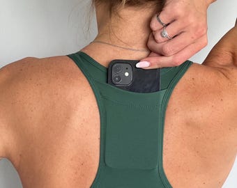 Sports Bra SMALL with pocket on the back. Padded Yoga Top. Racetrack Shape.