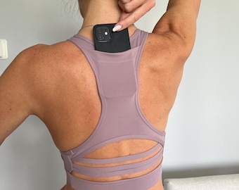 Sports Bra XL with pocket on the back. Purple Lotus Racerback Back Shape Fitness Top