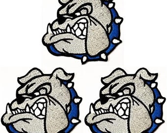 3pcs. Head Bulldog Patch with Blue Collar Cartoon Puppy DIY Iron On Patch for Jackets Jeans Pants Backpacks Clothes Decorative Repair.