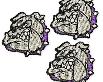 3 st. grå bulldogg med lila halsbandsmärken, bulldogg pitbull hund, hantverksmärken, gör-det-själv-applikation, broderad, kläder, kostym, storlek 3,8 cm.