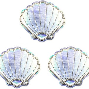 3pcs. Gray Pearl Seashell Cartoon Patch Shells Embroidered Applique Crafts Baby Kids Girl Clothes DIY Accessory Decorative Repair Patches.
