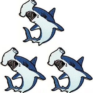 3pcs. Hammerhead Shark Patches Fish Underwater Animal Embroidery Iron On Fabric Applique Sewing Craft Repair Decorative Sign Symbol Costume.