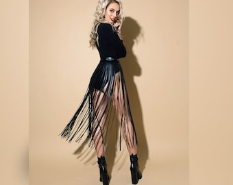 Long fringe vegan  leather skirt black - women's accessory - skirt  belt in the waist