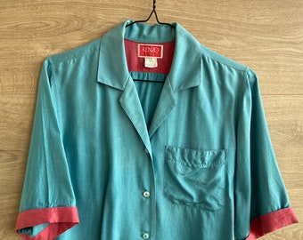 Vintage Kenzo France Seidenhemd S, Türkise Bluse