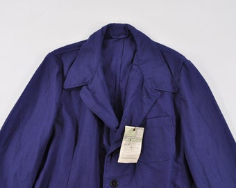 Vintage 1960s USSR Deadstock Chore Jacket, Belted Back Blue Cotton Work Coat