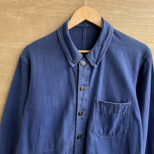 Vintage 21&quot; pit L&#39;Ideal 1940s 1950s French Work Chore Jacket, Blue Work Coat, Artist Painters Smock