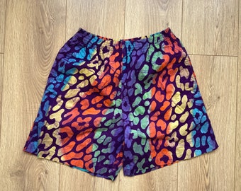 Vintage Swim Shorts Rainbow Leopard Cotton Trunks Pockets