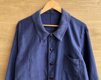 Vintage 24" pit 1950s 1960s French Moleskin Work Chore Jacket, Blue Work Coat, Artist Painters Smock