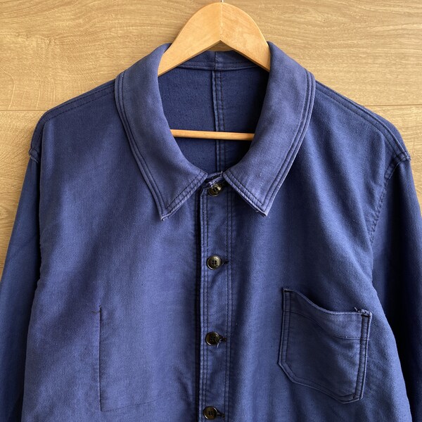 Vintage 24" pit 1950s 1960s French Moleskin Work Chore Jacket, Blue Work Coat, Artist Painters Smock