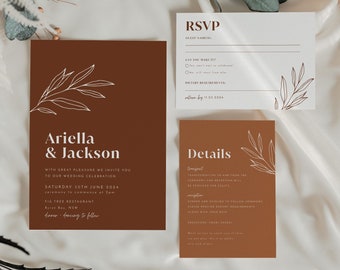 Boho Wedding Invitation Template Set, Minimalist Wedding Invite Template Download Editable, Rustic Terracotta, Ariella