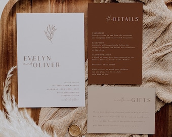 Rustic Minimalist Wedding Invitation Template Set, Wedding Invitation Template Download, Editable Invitation Set, Terracotta, Evelyn