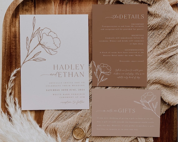 Minimalist Wedding Invitation Template Set Botanical Floral
